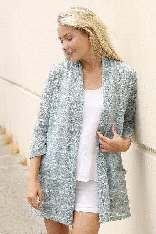 Plus Spring Stripe Cardigan With Pocket - VacationGrabs