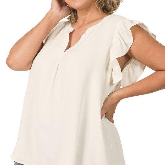 Women's Shirts Plus Woven Wool Peach Ruffled Sleeve High-Low Top