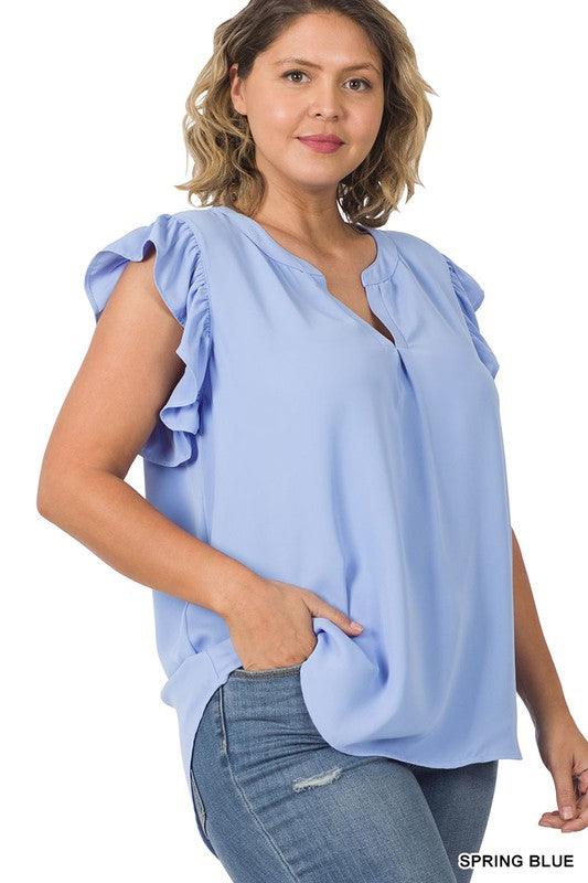 Women's Shirts Plus Woven Wool Peach Ruffled Sleeve High-Low Top