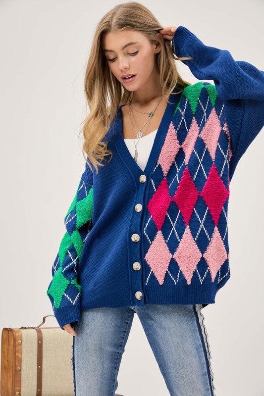 Women's Sweaters Plush Argyle Button Front Loose Fit Knit Cardigan