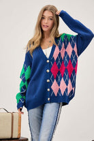 Women's Sweaters Plush Argyle Button Front Loose Fit Knit Cardigan