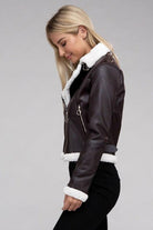 Women's Coats & Jackets Plush Teddy Trimmed Pu Jacket