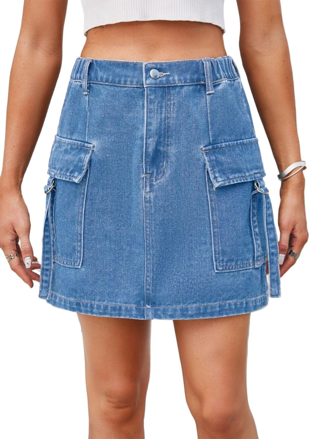 Women's Skirts Pocketed Buttoned Denim Skirt