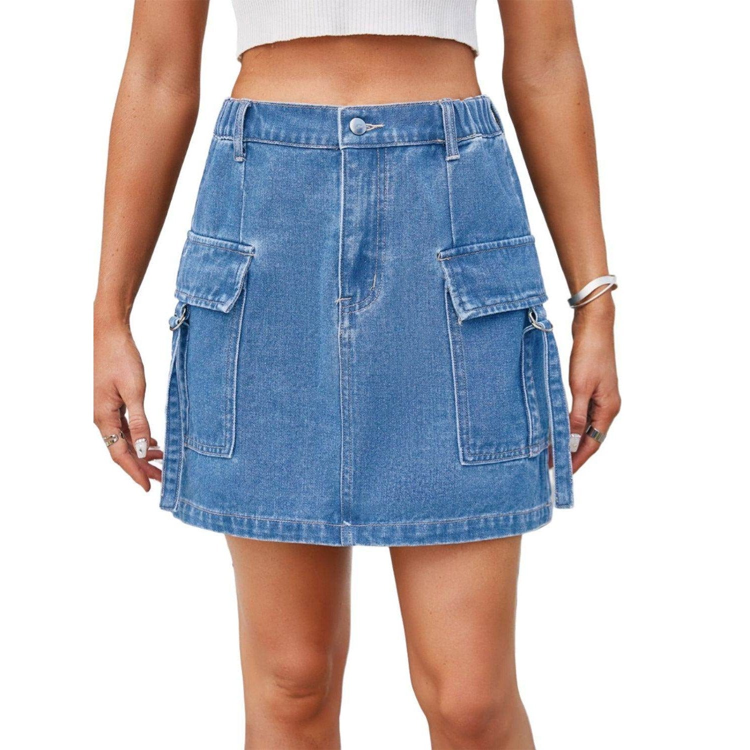 Pocketed Buttoned Denim Skirt - VacationGrabs