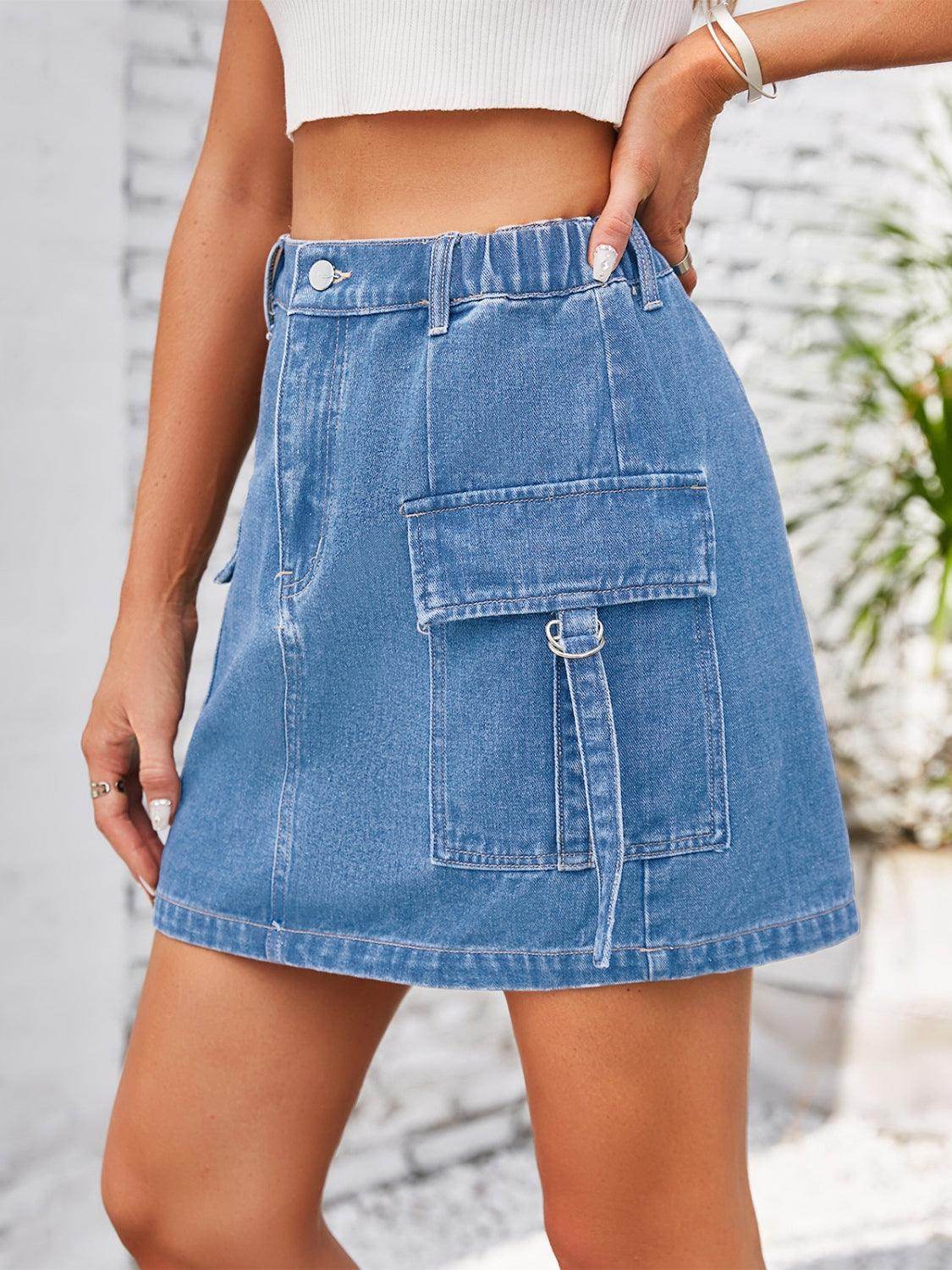 Pocketed Buttoned Denim Skirt - VacationGrabs
