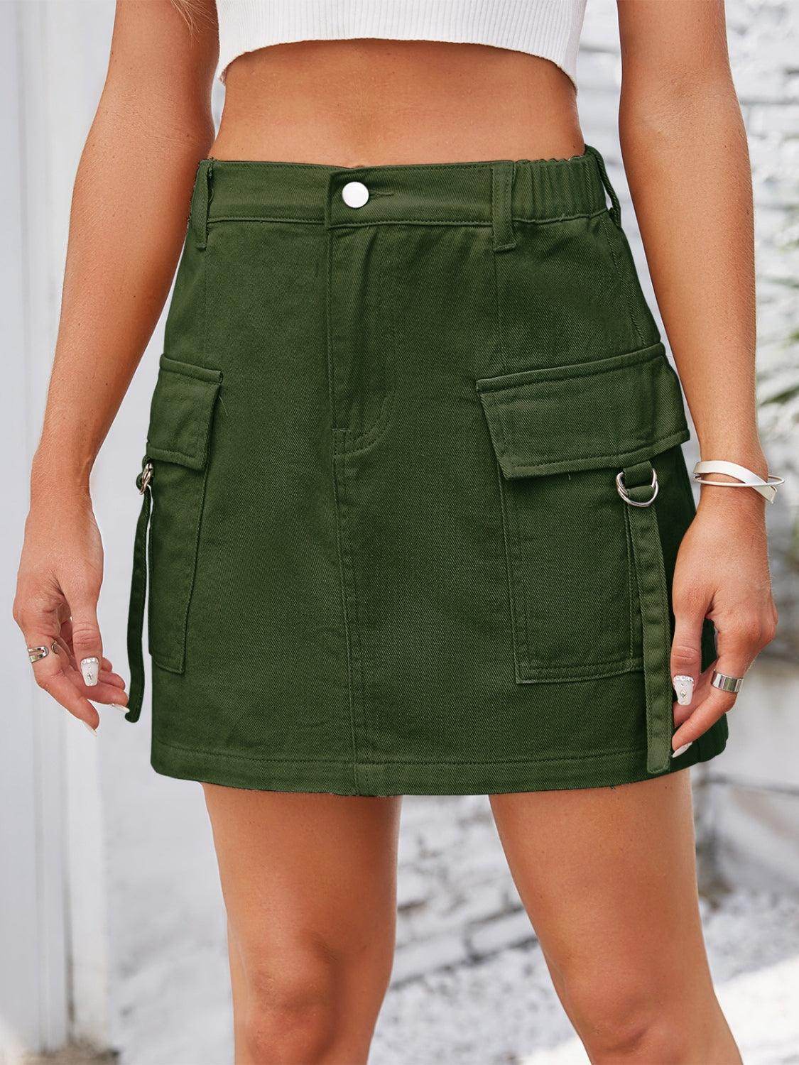 Pocketed Buttoned Denim Skirt - VacationGrabs