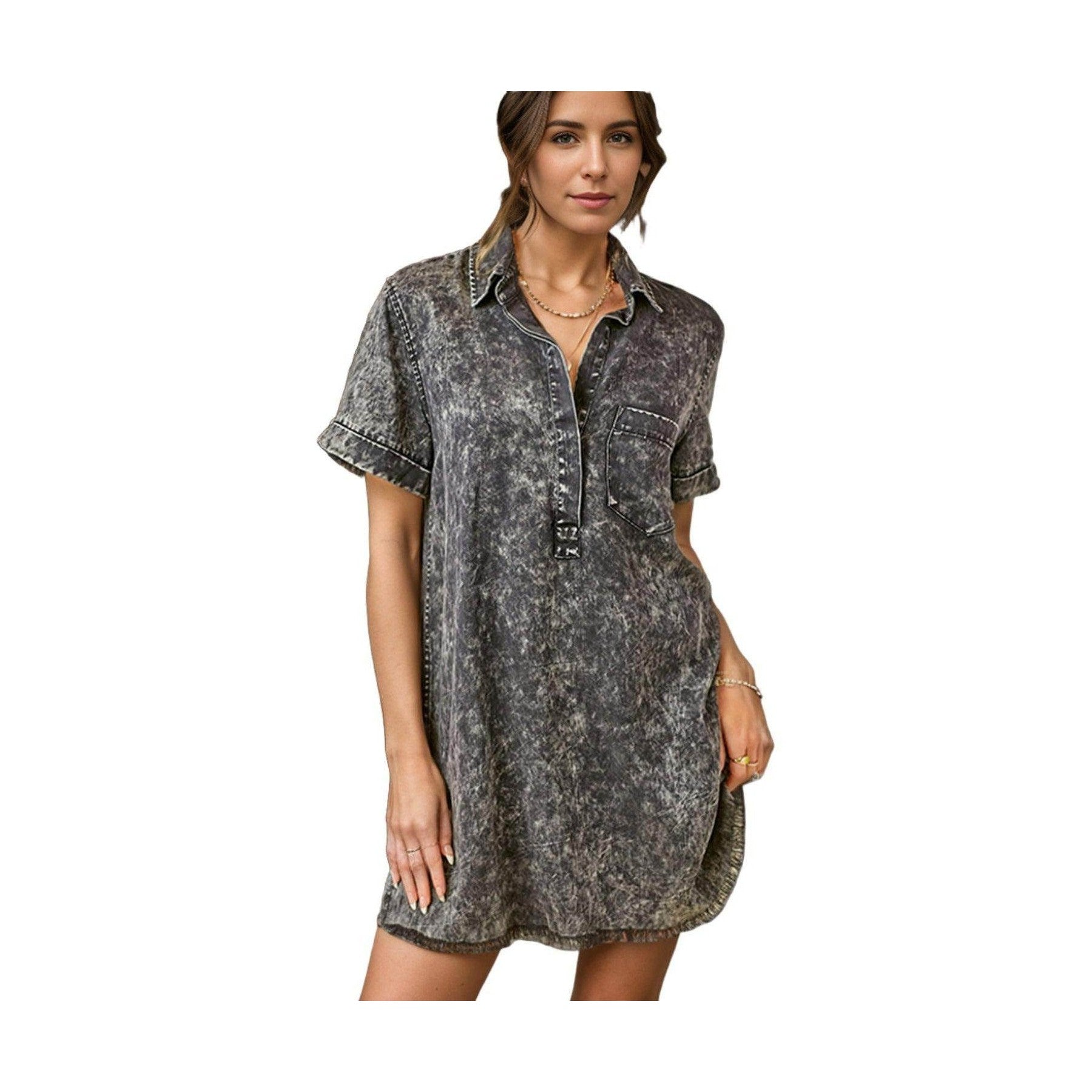 Pocketed Collared Neck Short Sleeve Denim Dress - VacationGrabs