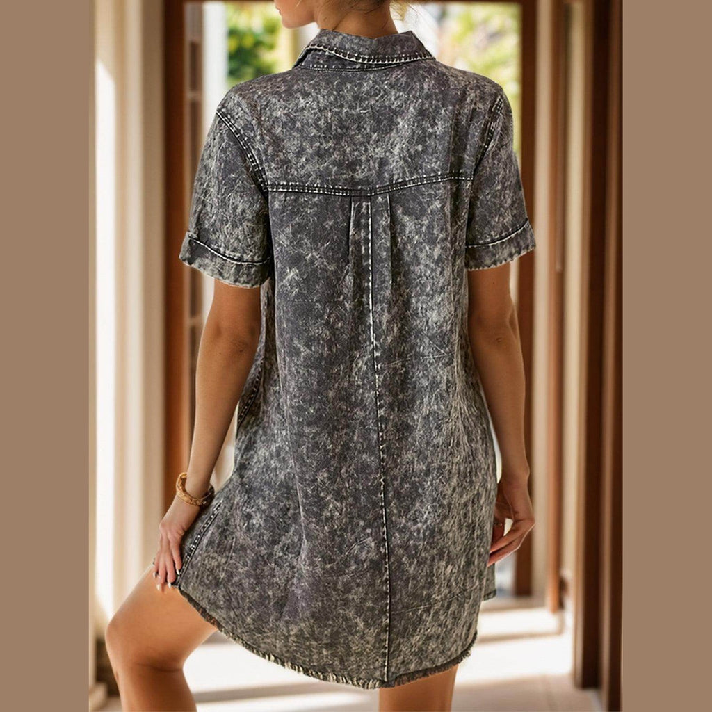 Pocketed Collared Neck Short Sleeve Denim Dress - VacationGrabs