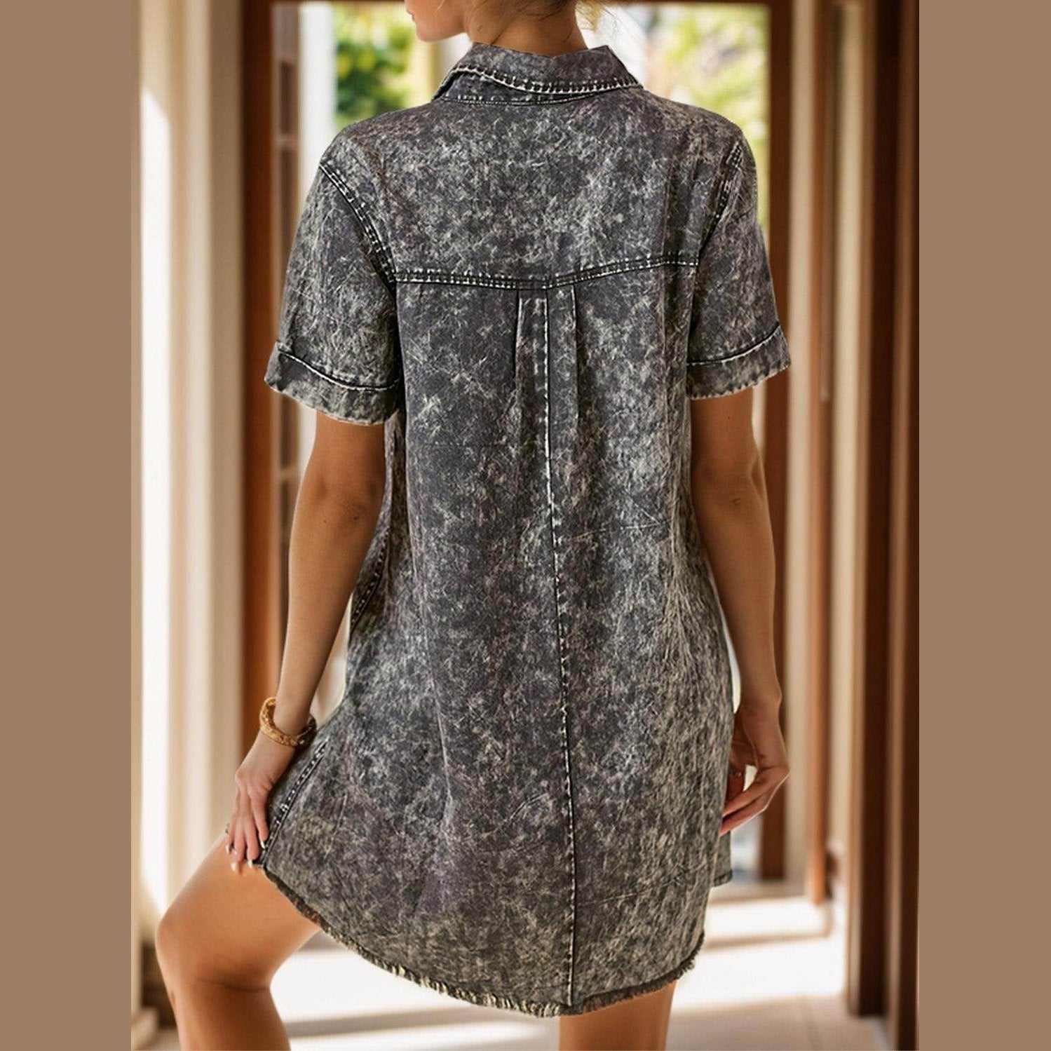 Pocketed Collared Neck Short Sleeve Denim Dress - VacationGrabs