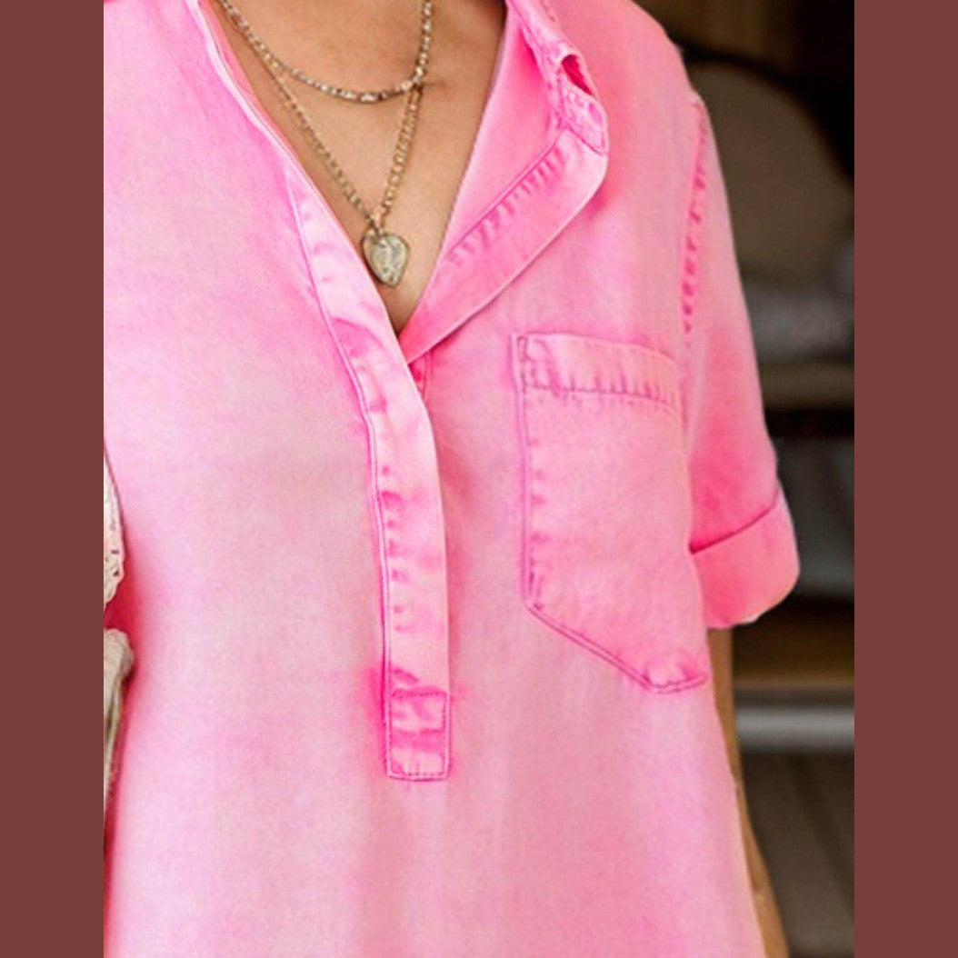 Pocketed Collared Neck Short Sleeve Denim Dress - VacationGrabs