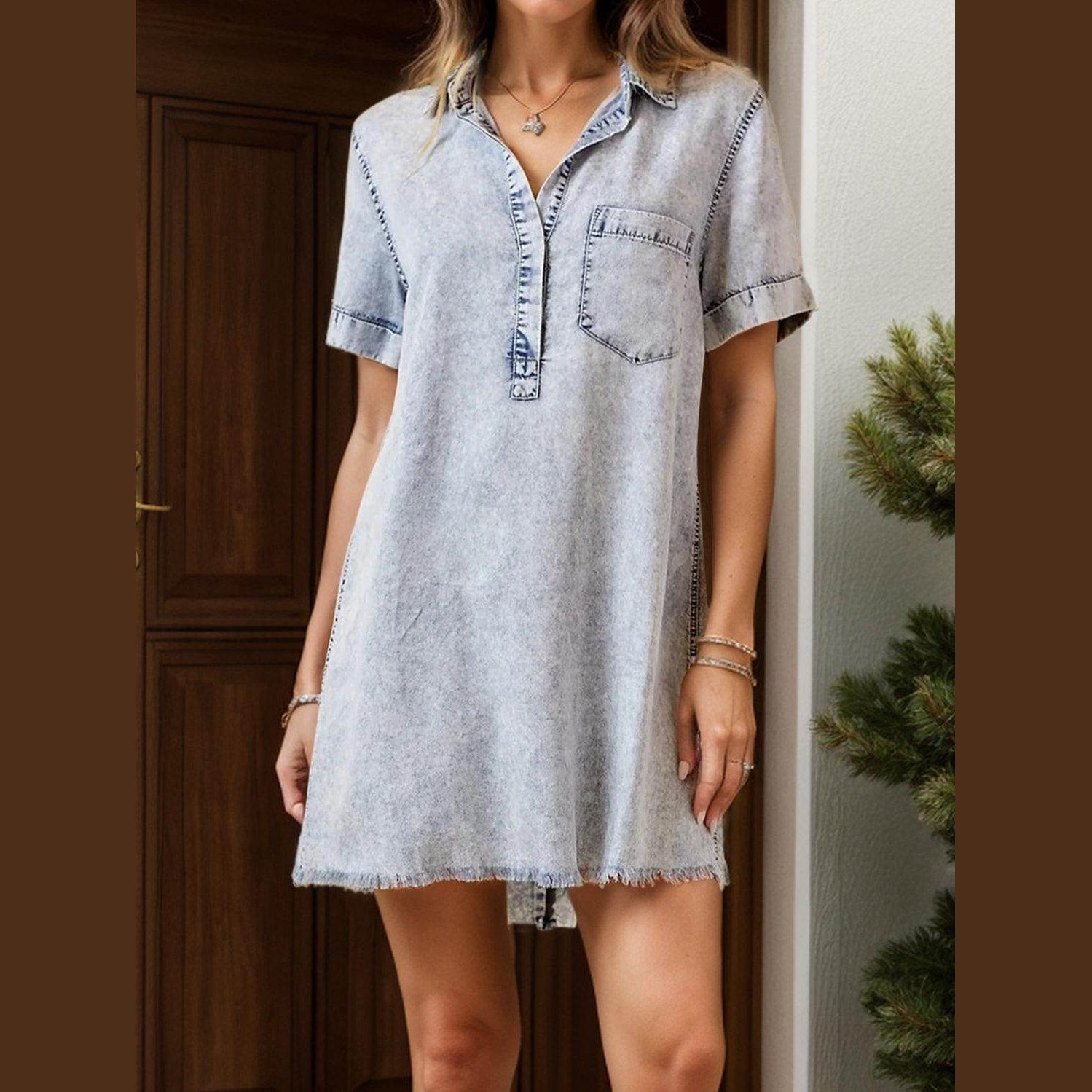 Pocketed Collared Neck Short Sleeve Denim Dress - VacationGrabs