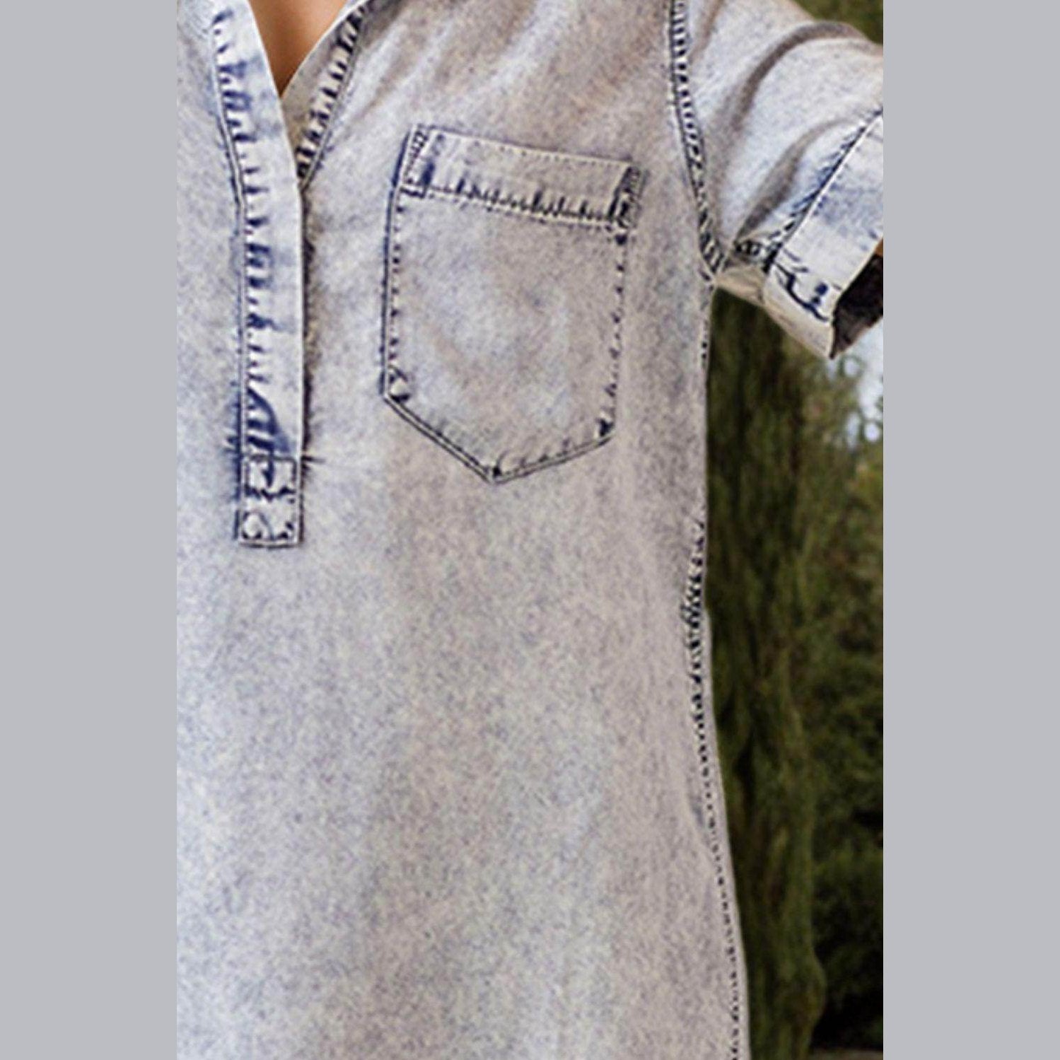 Pocketed Collared Neck Short Sleeve Denim Dress - VacationGrabs
