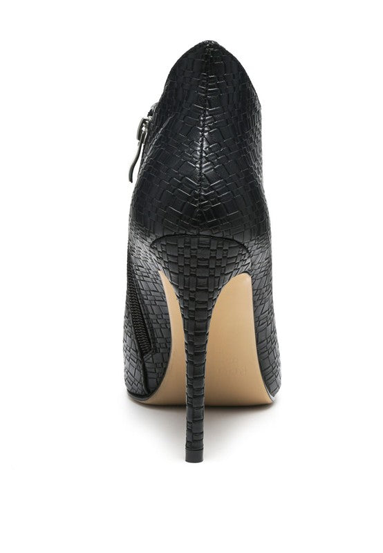 Rag Company black pointed toe stiletto boots with textured pattern and high heel