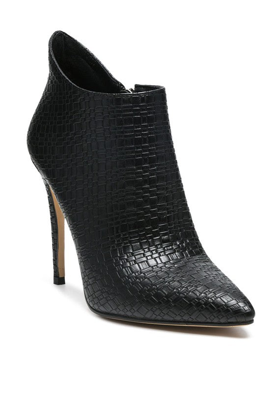 Rag Company black pointed toe stiletto boots with textured leather and high heels for women
