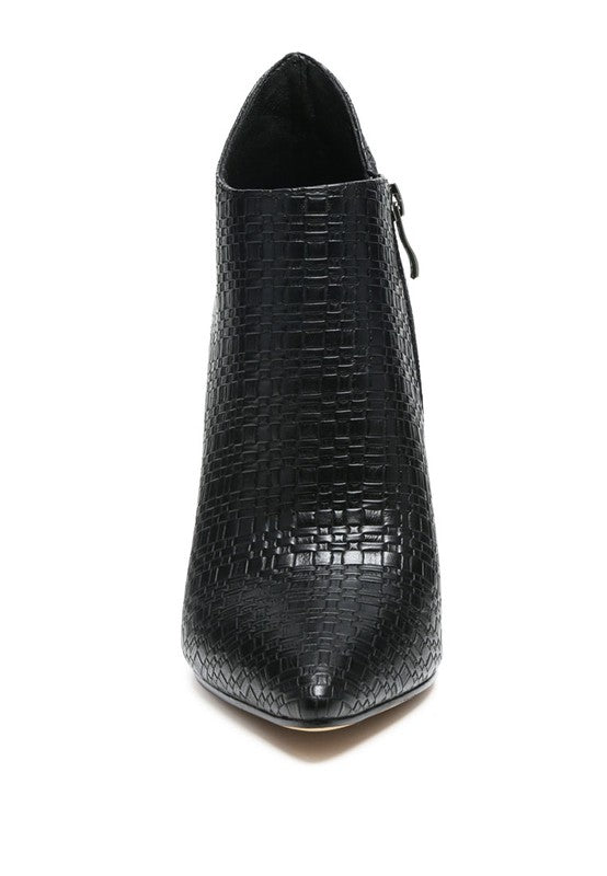 Rag Company women's black pointed toe stiletto boots with textured pattern and side zipper