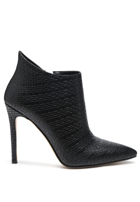 Rag Company black women's pointed toe stiletto boots with textured leather design