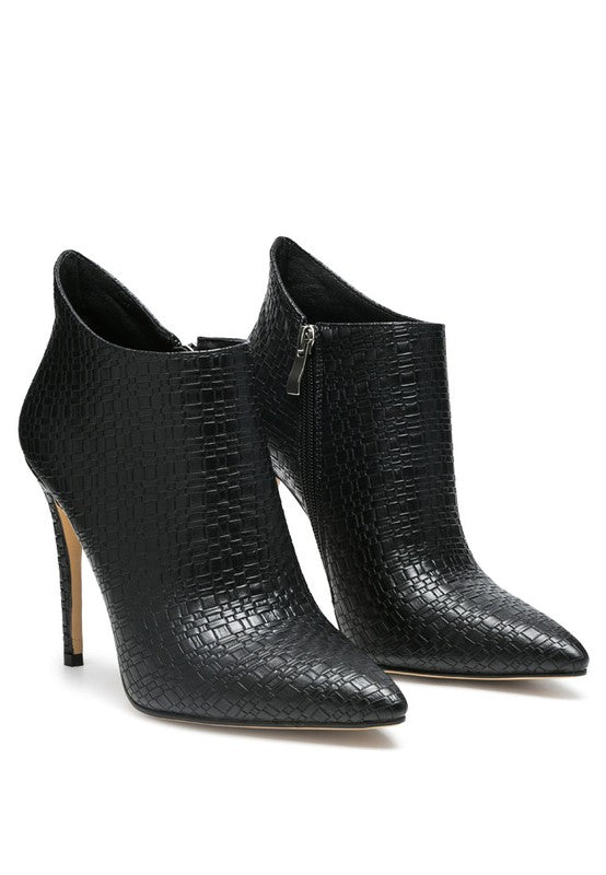Rag Company women's black pointed toe stiletto boots with textured leather and side zipper