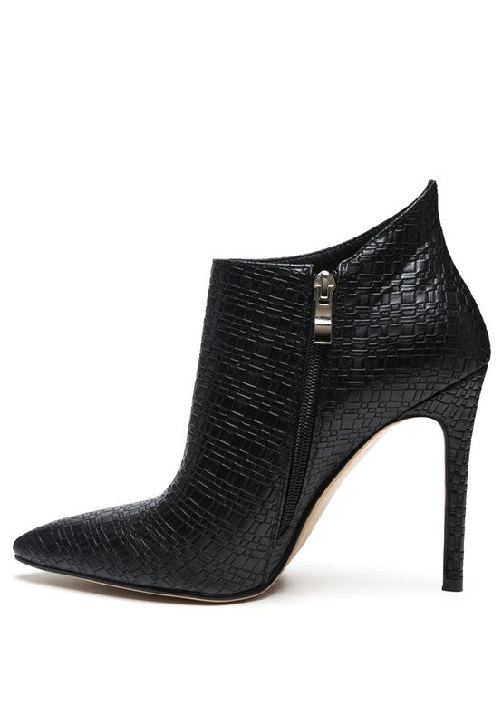 Rag Company black women's pointed toe stiletto boots with textured leather and side zipper