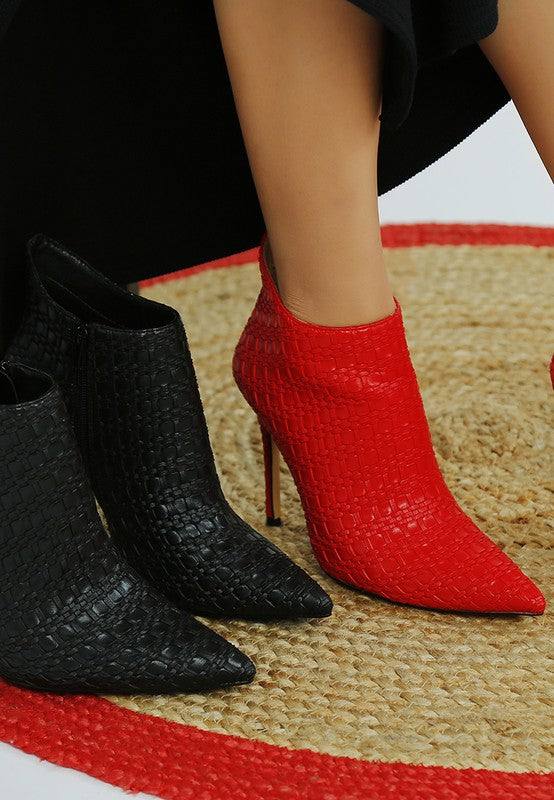 Rag Company women's pointed toe stiletto boots in red and black textured leather