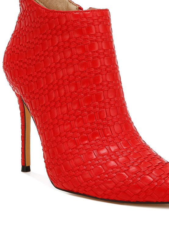 Rag Company red pointed toe stiletto boots with textured woven leather design
