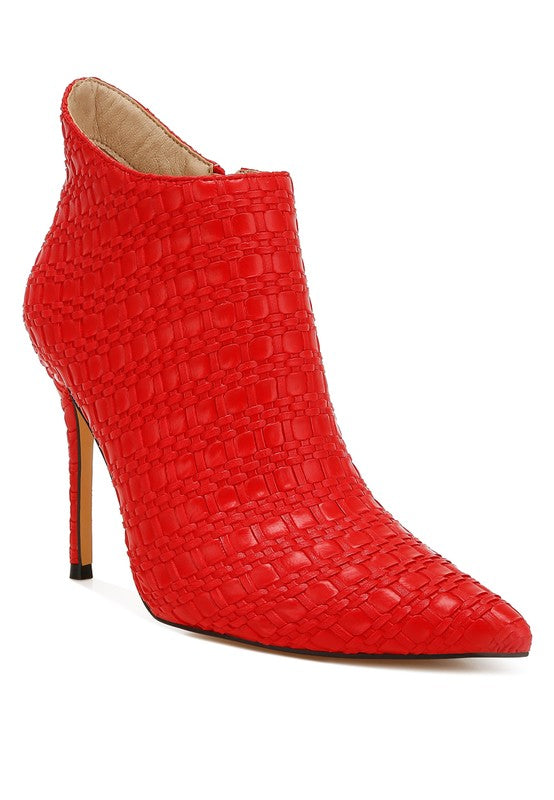 Rag Company women's red pointed toe stiletto boots with textured woven leather design