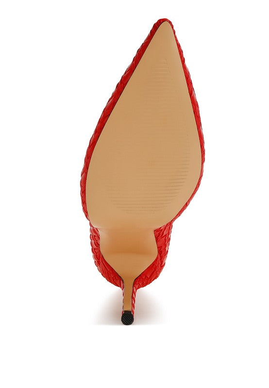 Rag Company women's red pointed toe stiletto boots showing sole and heel design