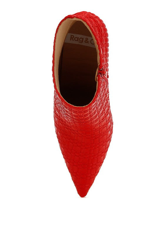 Rag Company red pointed toe stiletto boots with textured leather upper for women