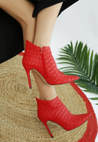 Rag Company women's pointed toe stiletto boots in red textured leather with side zipper