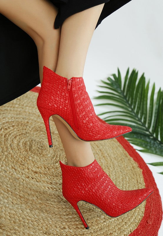 Rag Company women's pointed toe stiletto boots in red textured leather with side zipper