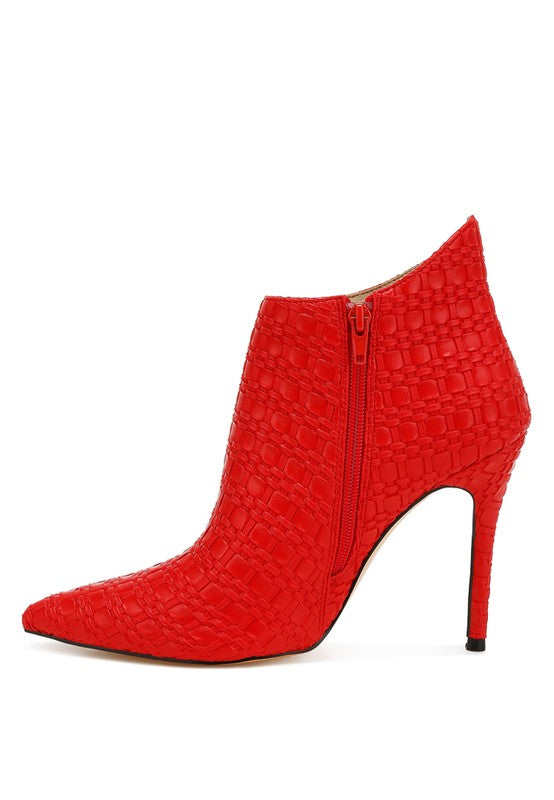 Rag Company red pointed toe stiletto boots with textured pattern and side zipper closure