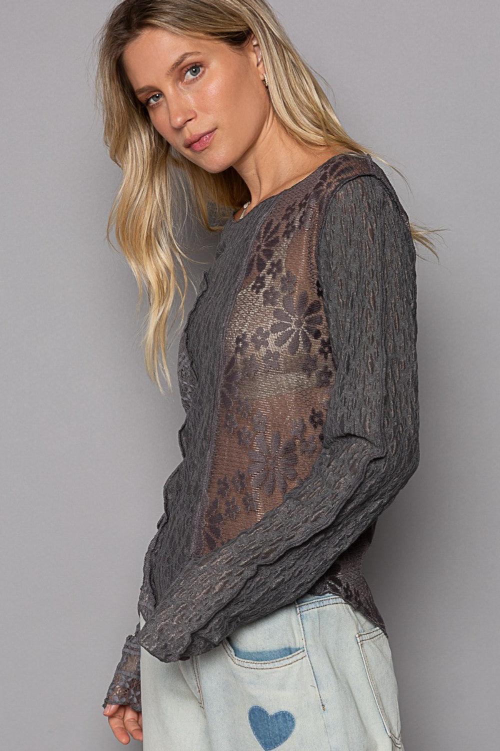 Women's Shirts POL Exposed Seam Long Sleeve Lace Knit Top