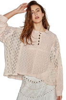 Women's Shirts POL Round Neck Long Sleeve Raw Edge Lace Top