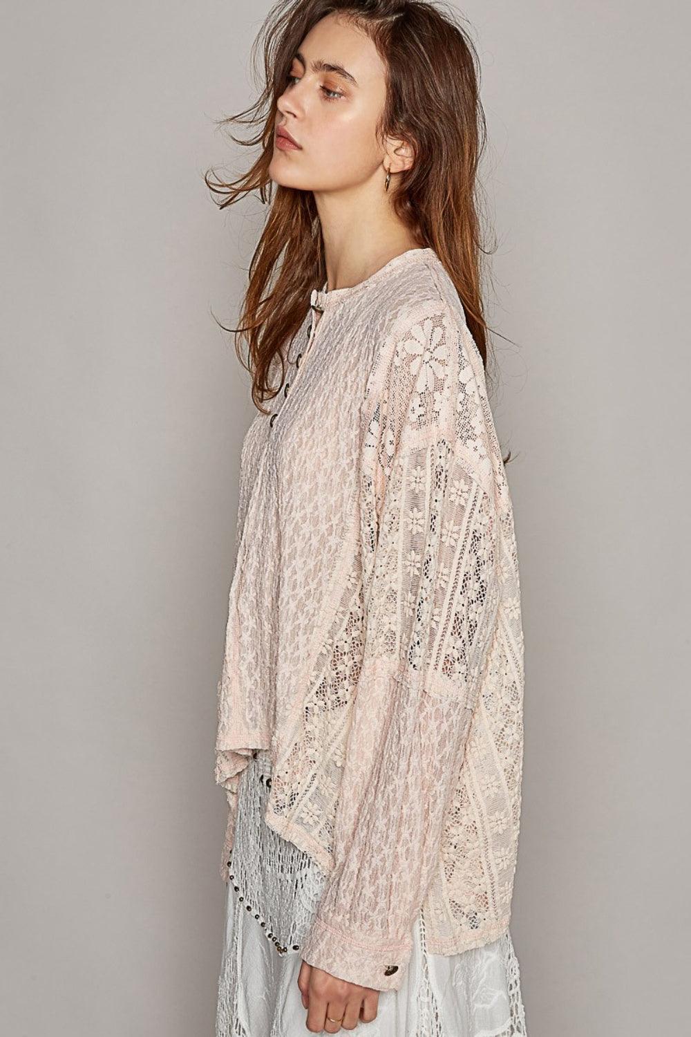 Women's Shirts POL Round Neck Long Sleeve Raw Edge Lace Top