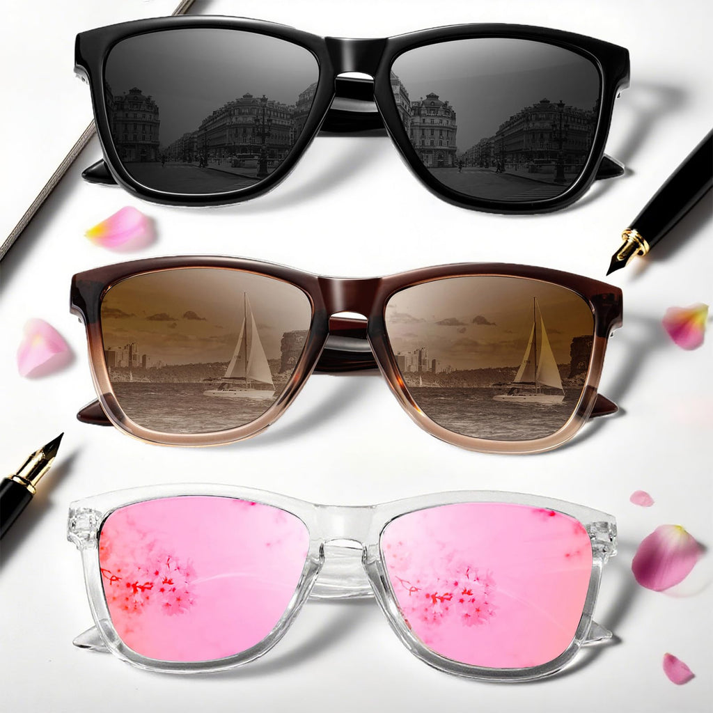 VacationGrabs polarized sunglasses in black, brown, and pink styles for stylish sun protection
