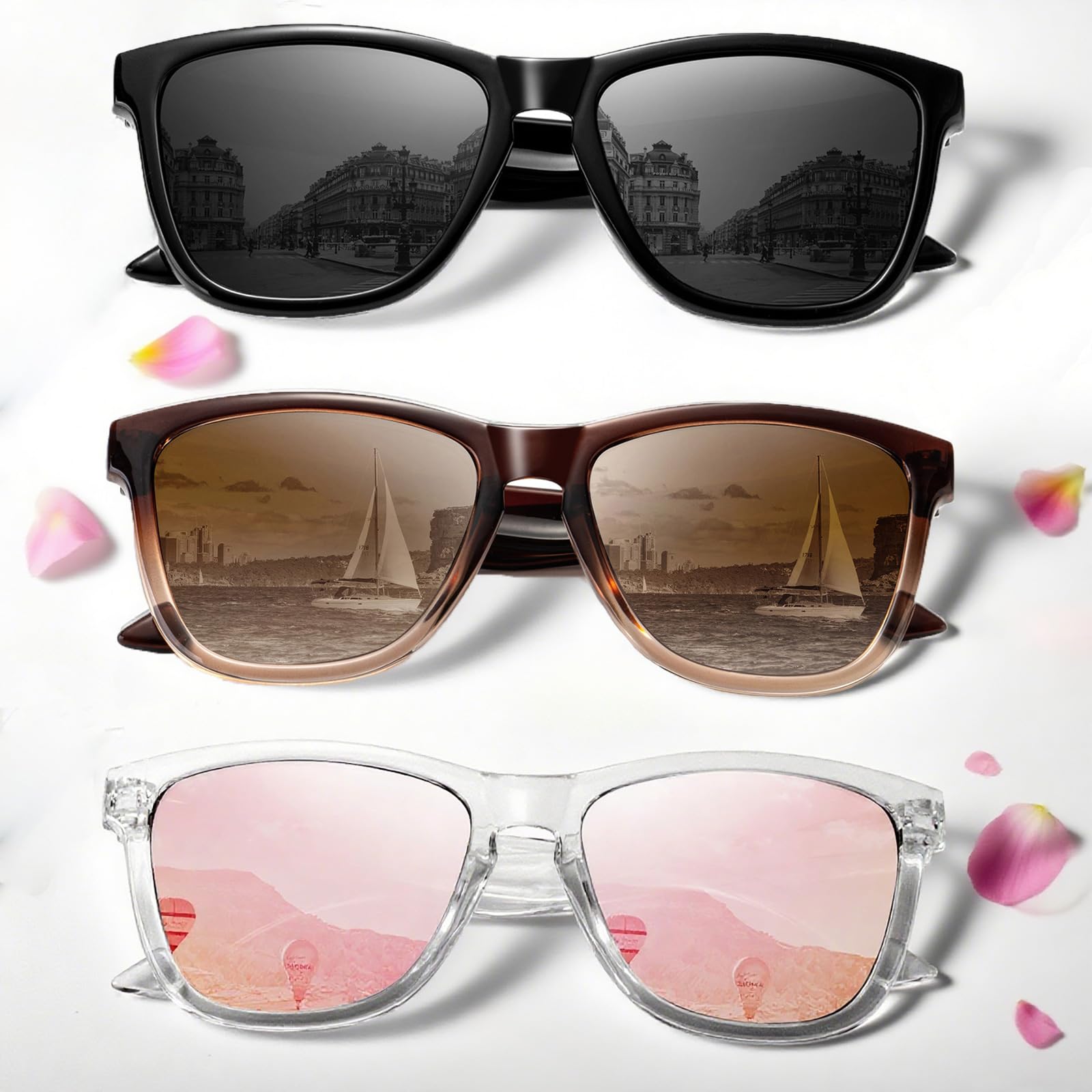 VacationGrabs polarized sunglasses in black, brown, and clear frames for stylish summer wear