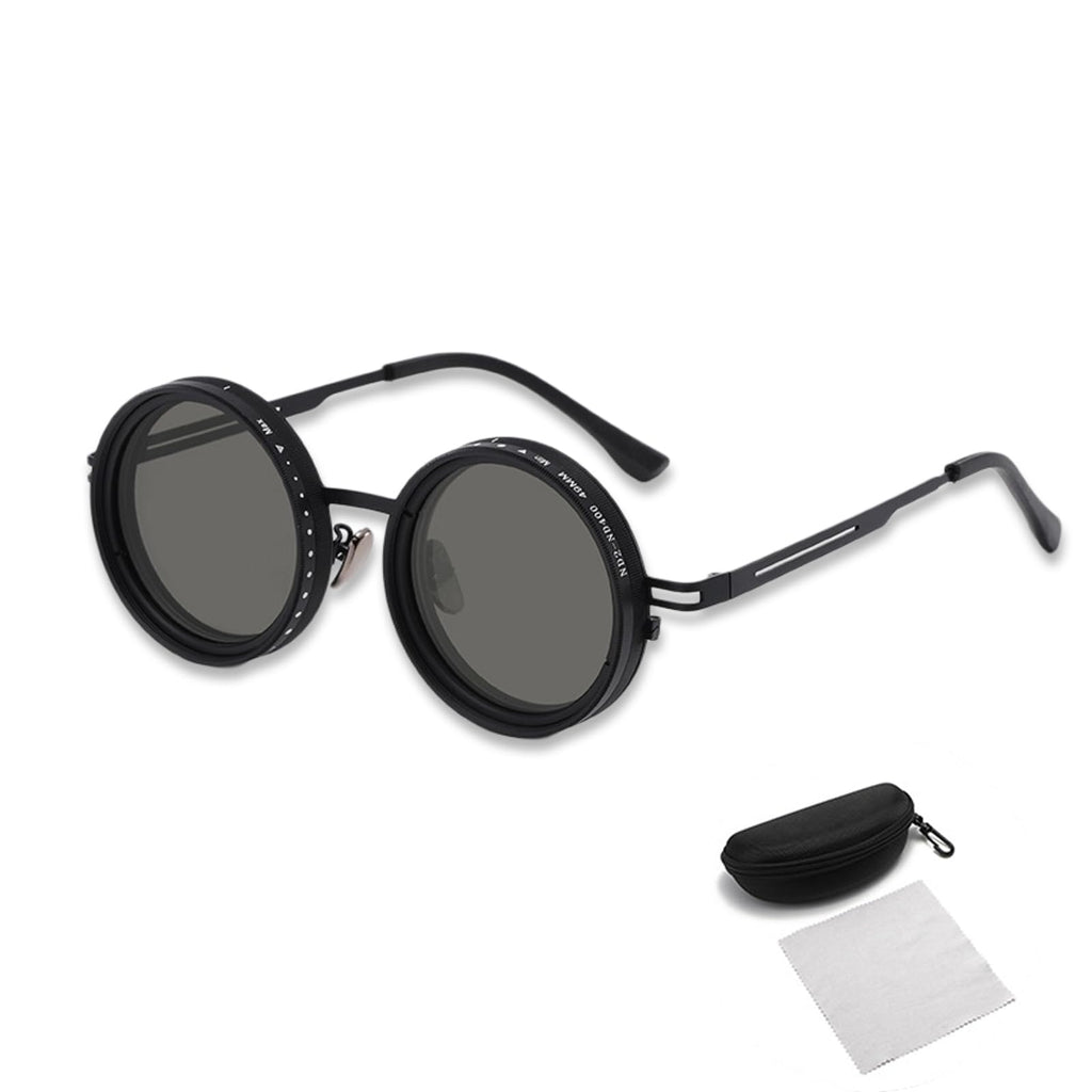 Black polarized sunglasses with round frames, perfect for sunny days