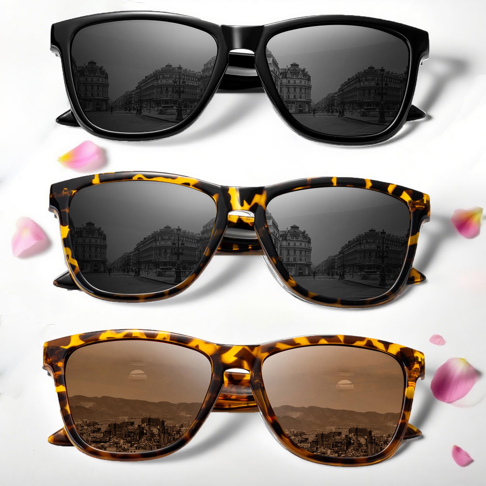 VacationGrabs polarized sunglasses in black, tortoiseshell, and leopard designs