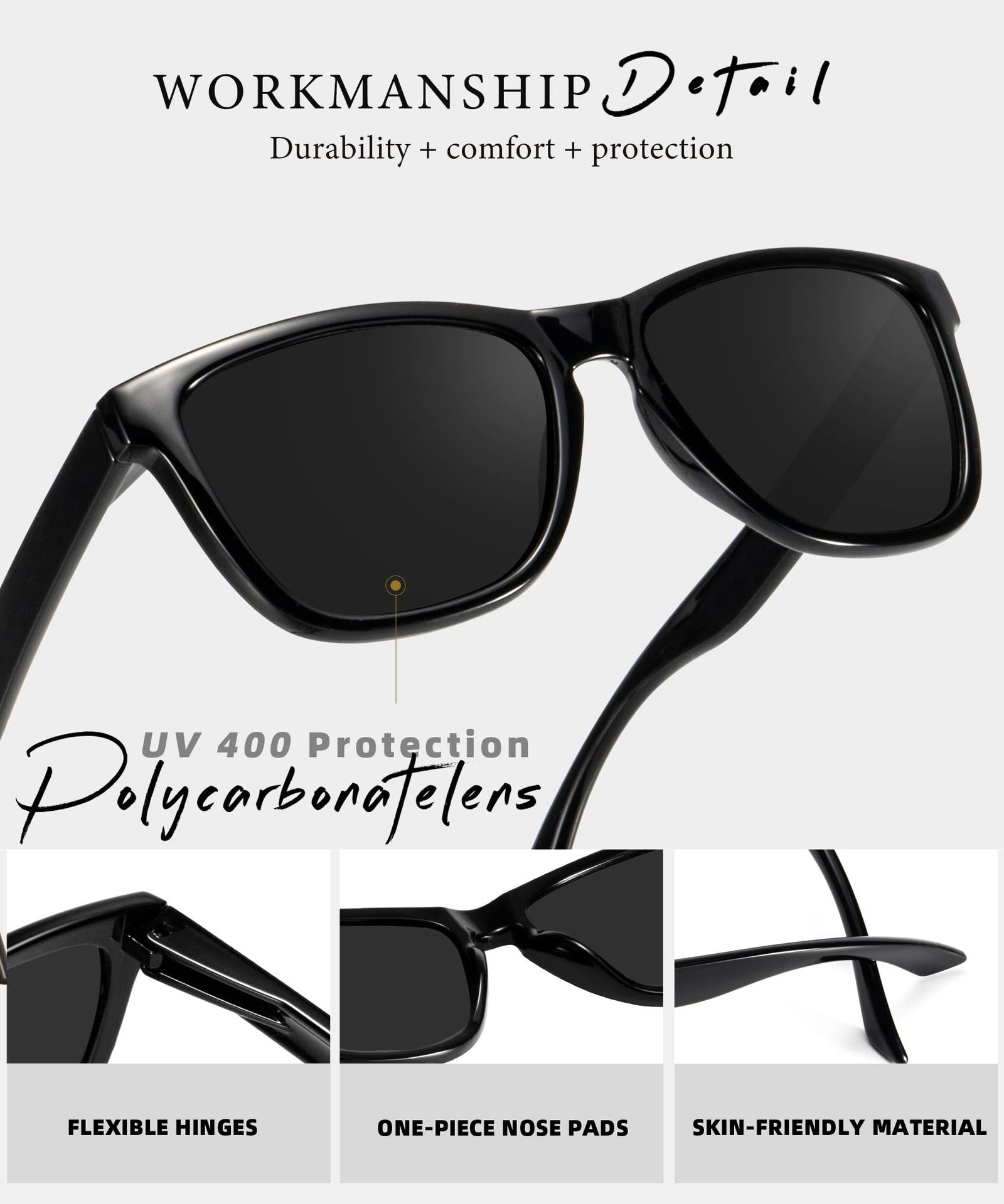 Black polarized sunglasses with UV protection and polycarbonate lenses