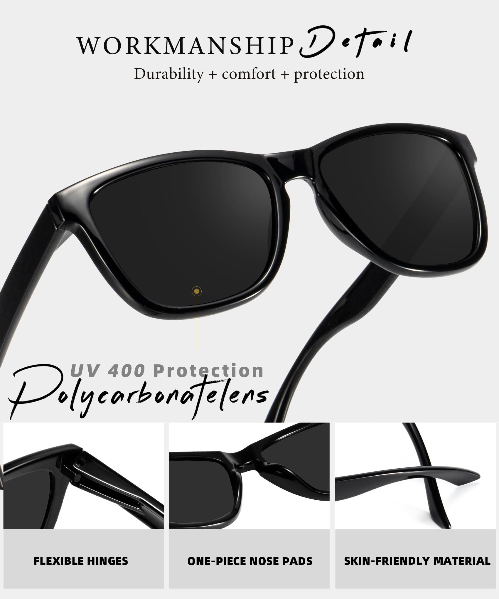 Black polarized sunglasses with UV protection and polycarbonate lenses