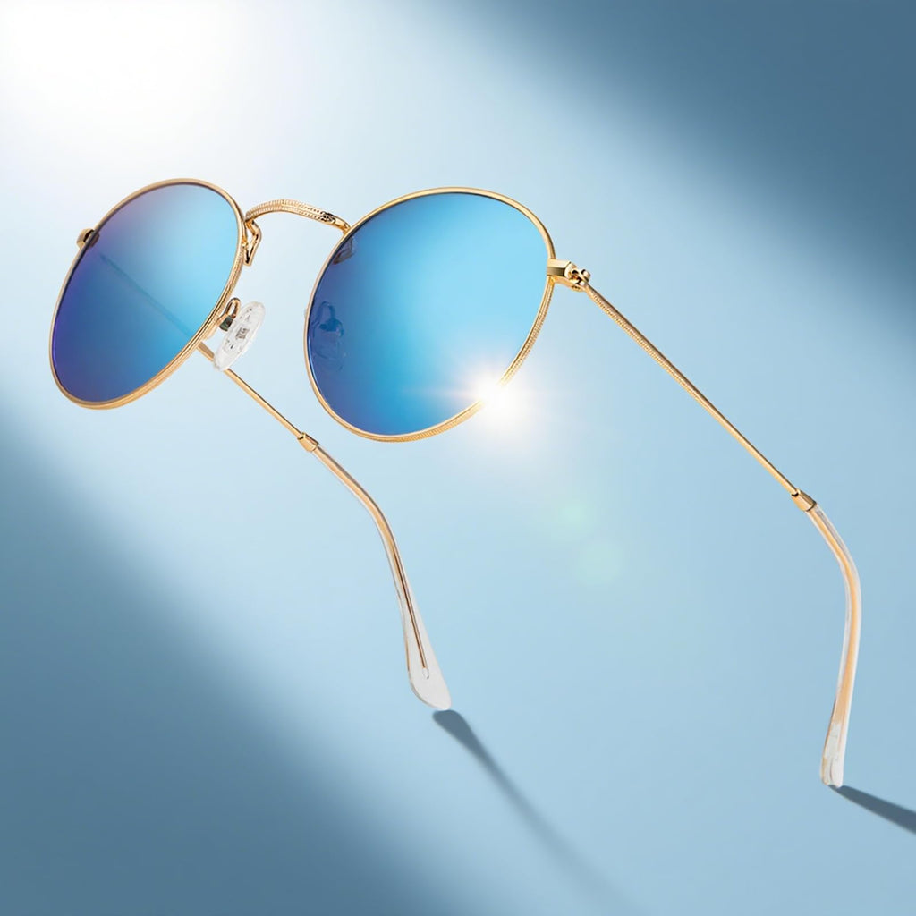 Gold round polarized sunglasses with blue lenses for stylish summer wear