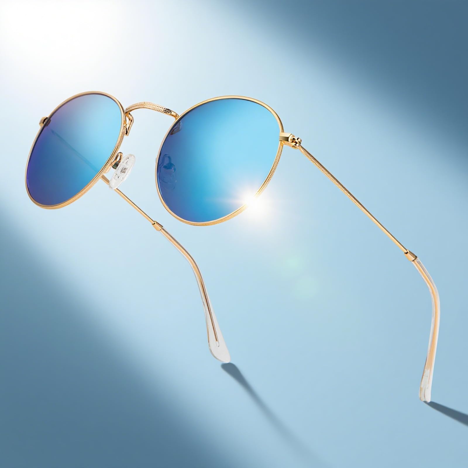 Gold round polarized sunglasses with blue lenses for stylish summer wear
