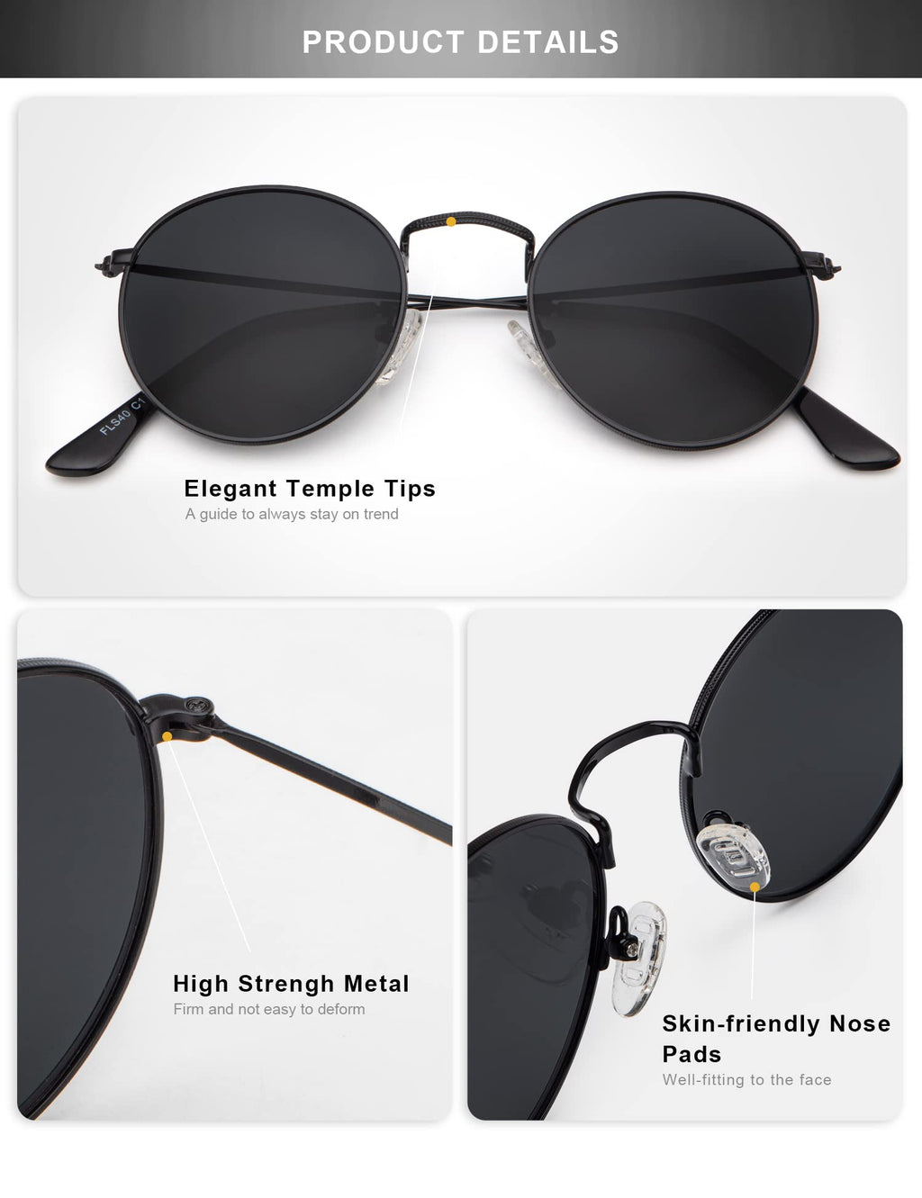 Black polarized sunglasses with elegant temple tips for stylish protection