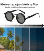 Black polarized sunglasses with adjustable damp filter for various lighting