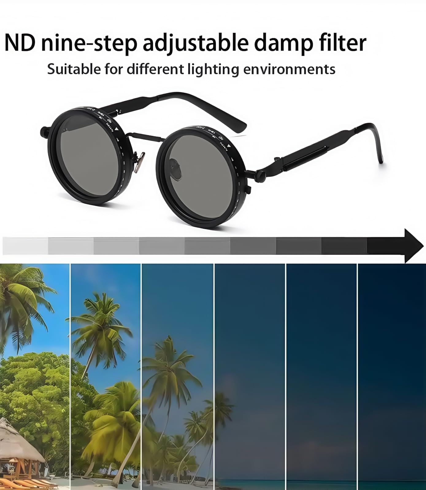 Black polarized sunglasses with adjustable damp filter for various lighting