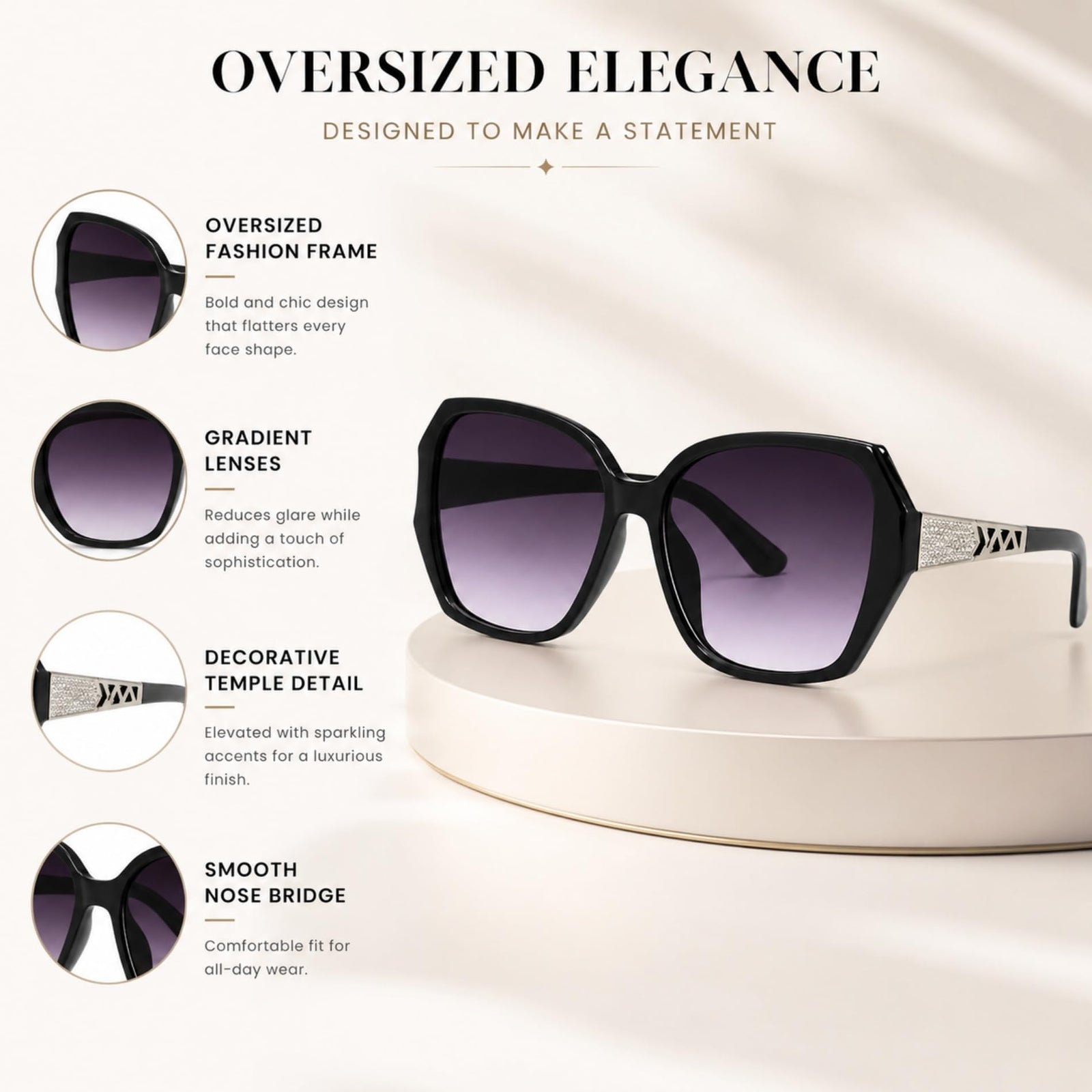 Black oversized polarized sunglasses with gradient lenses for stylish outings