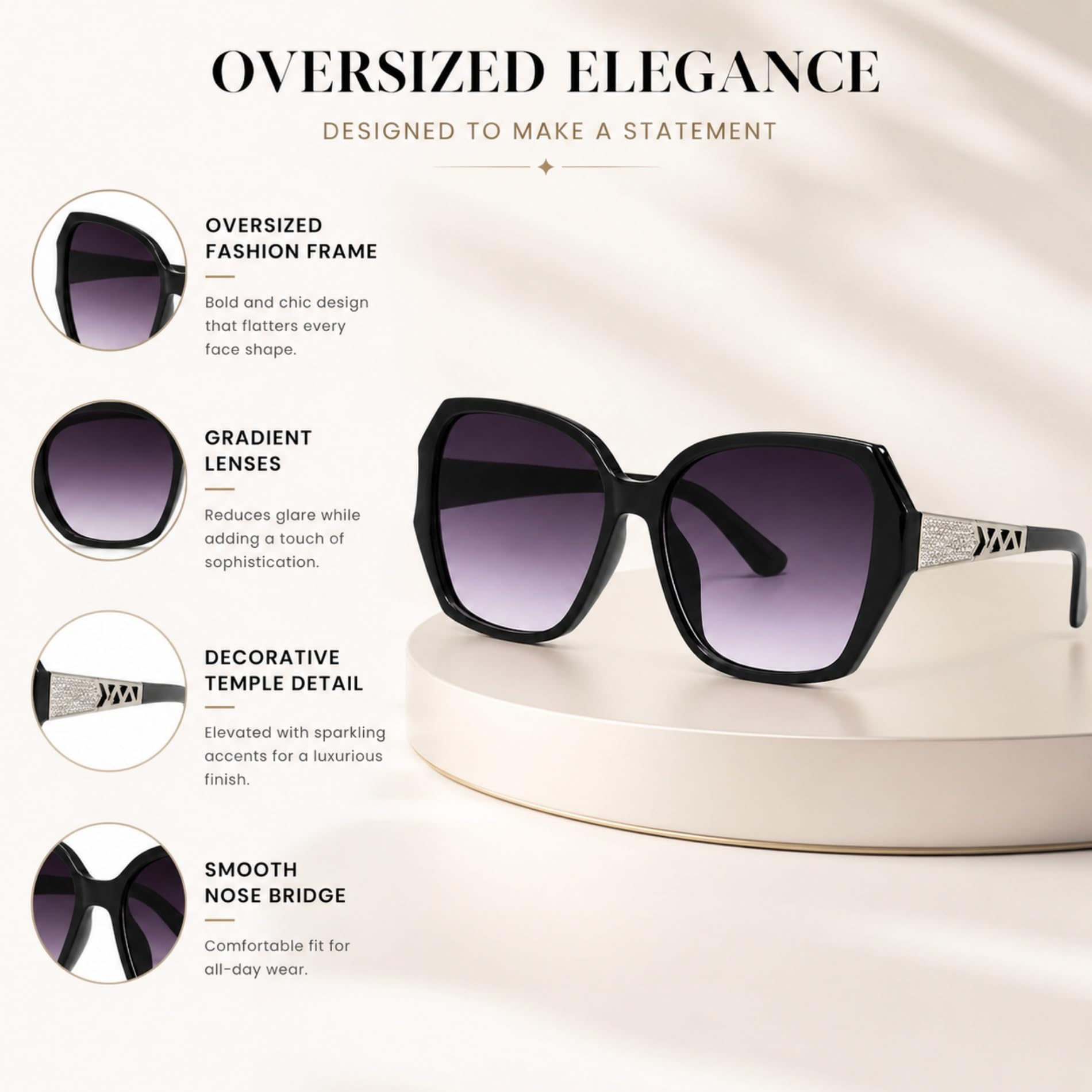 Black oversized polarized sunglasses with gradient lenses for stylish outings
