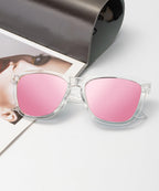 VacationGrabs polarized sunglasses with clear frame and pink lenses
