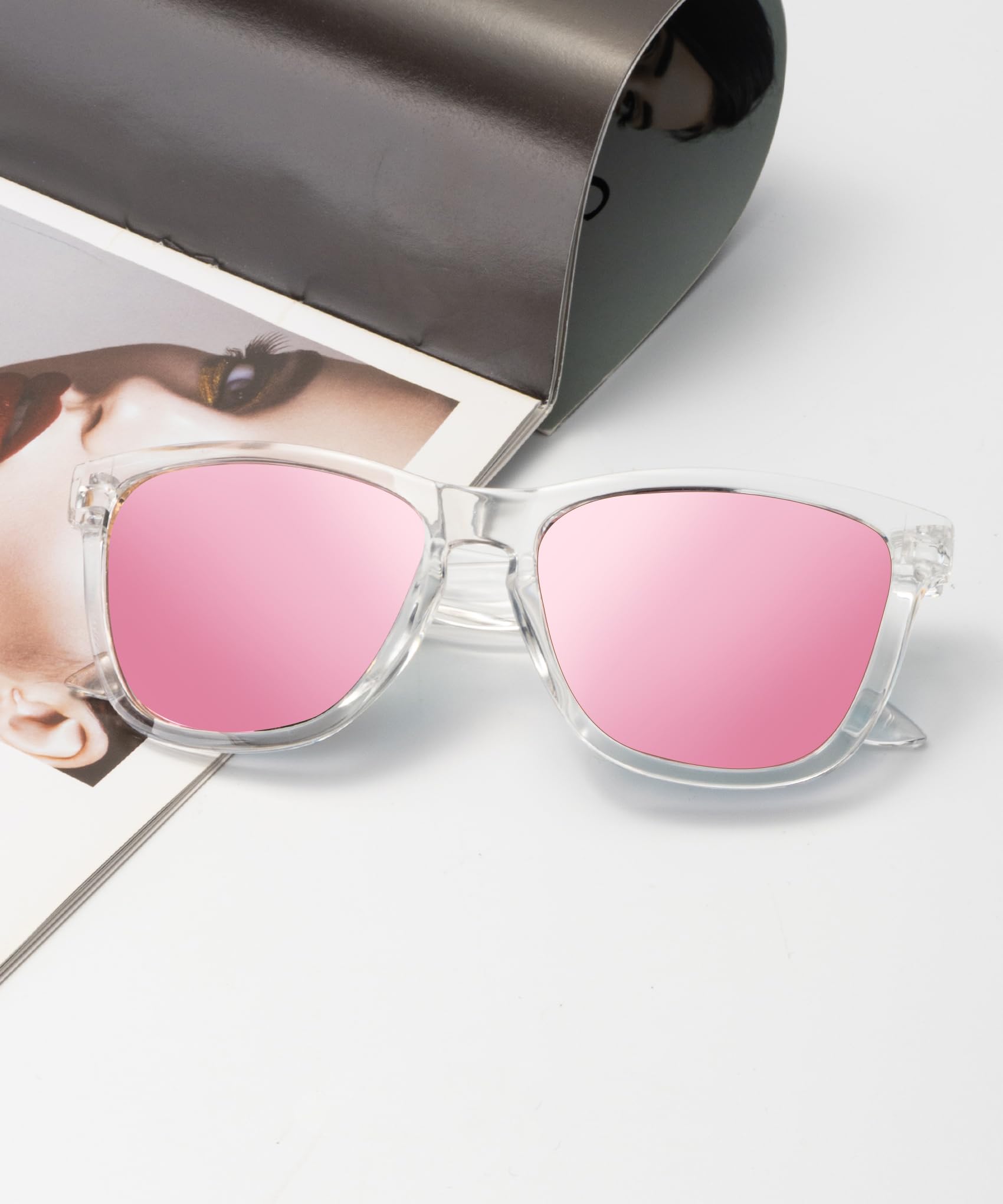 VacationGrabs polarized sunglasses with clear frame and pink lenses