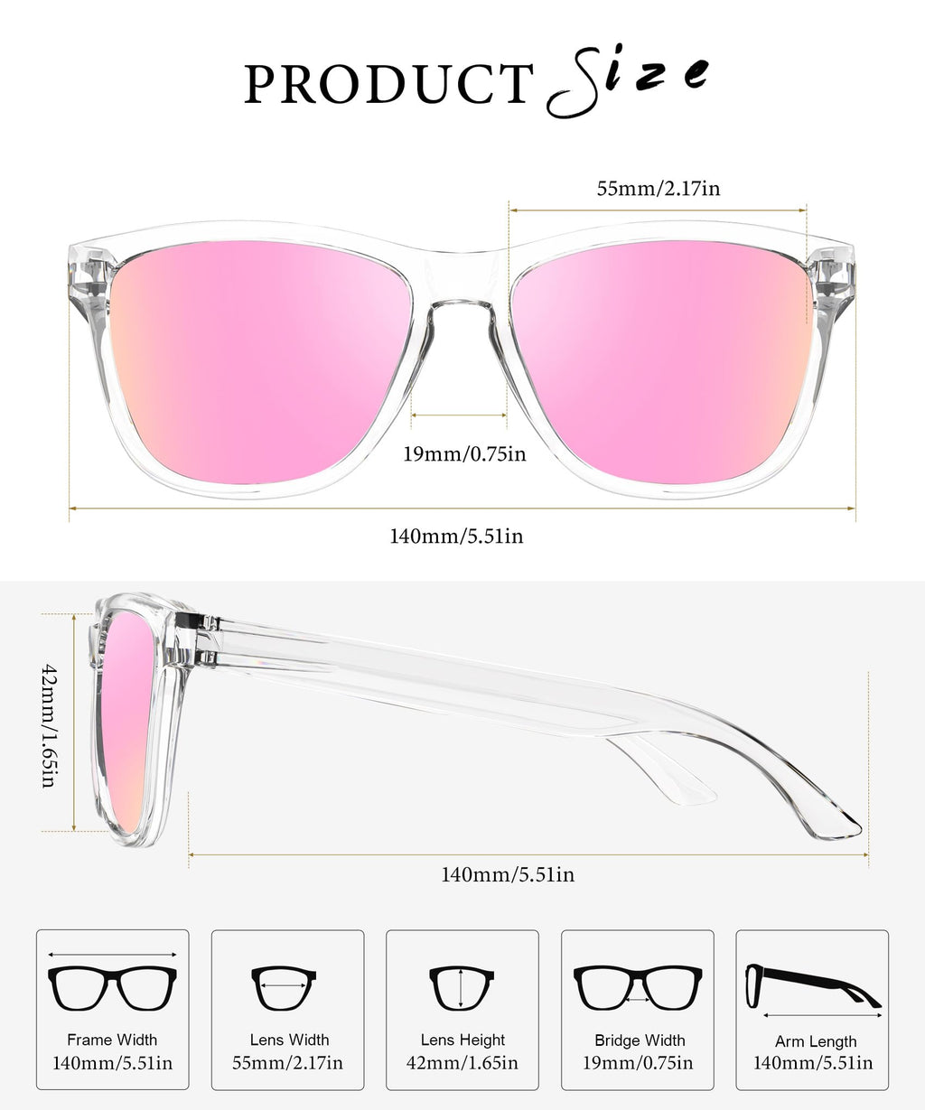 Clear frame polarized sunglasses with pink lenses for sunny days