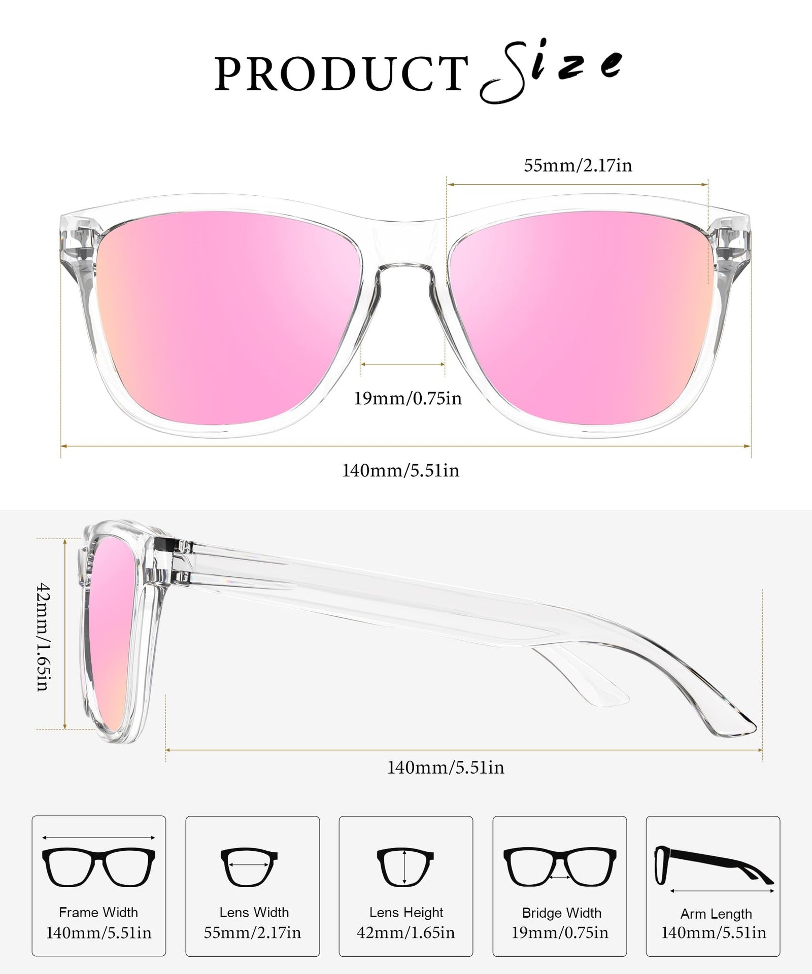 Clear frame polarized sunglasses with pink lenses for sunny days